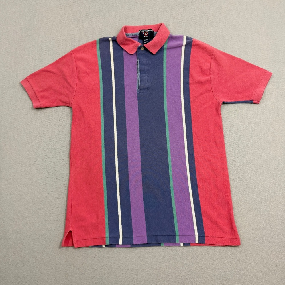 Vintage Chesterfield Polo Shirt Medium Vertical Stripe Short Sleeve USA Made